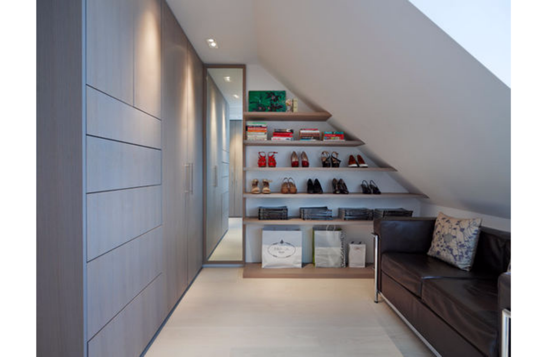 Grey walk-in wardrobe with shoe display
